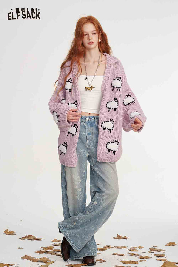 Sheep Print Loose Knit Cardigan
