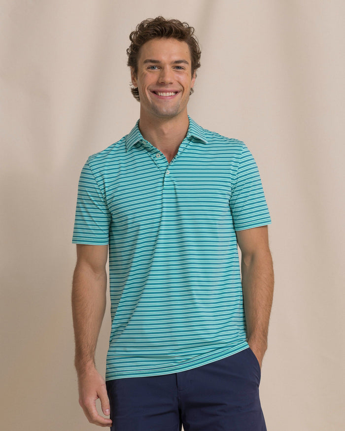 The front view of the Southern Tide Shipwatch Stripe Coastal Breeze® Performance Polo by Southern Tide - Persian Green