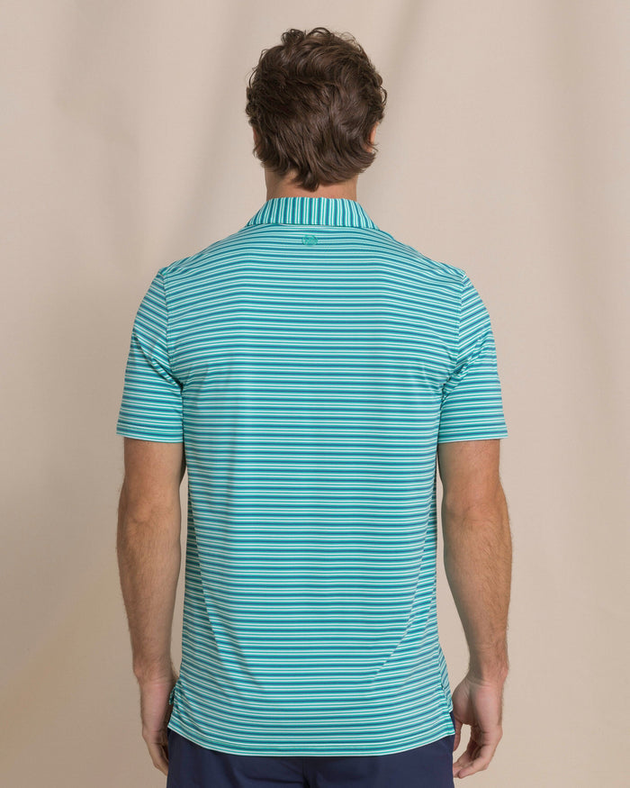 The back view of the Southern Tide Shipwatch Stripe Coastal Breeze® Performance Polo by Southern Tide - Persian Green