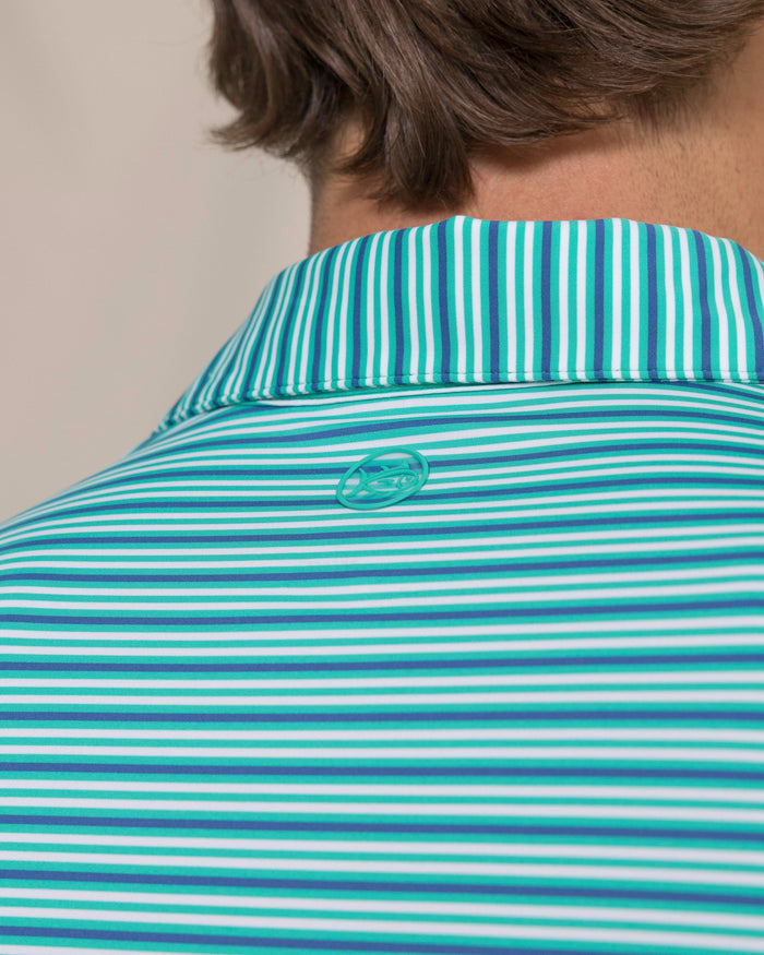 The detail view of the Southern Tide Shipwatch Stripe Coastal Breeze® Performance Polo by Southern Tide - Persian Green