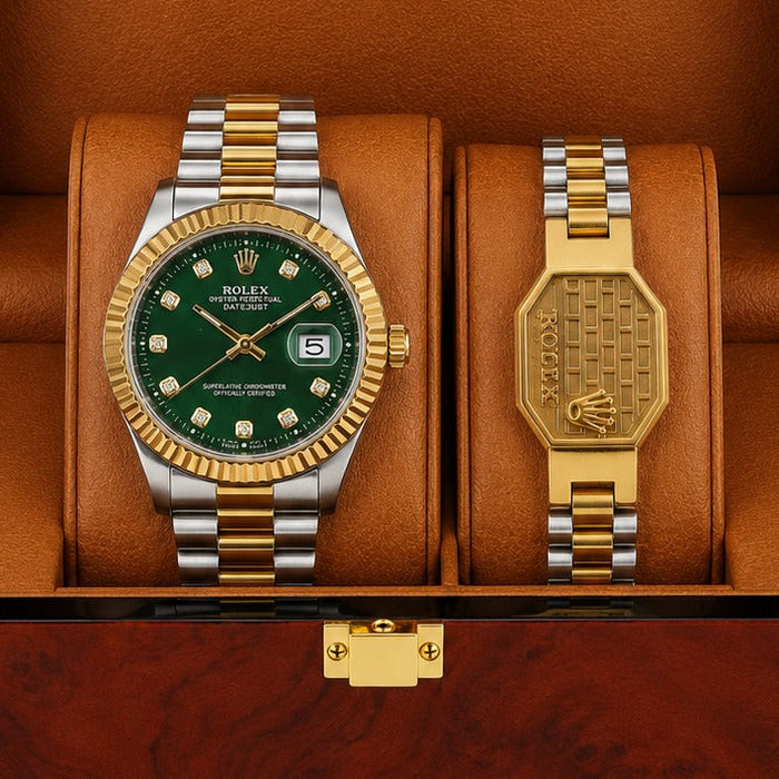 Silver Gold  Chain Green  dial watch with Silver  Bristle | Date style watch | luxury men's watch