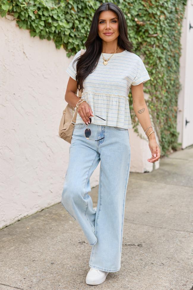 Simply Charming Ivory And Blue Striped Babydoll Top