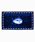 The front view of the Skipjack Beach Towel by Southern Tide - Yacht Blue