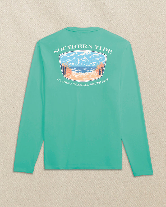The back view of the Southern Tide Skipjack Cloud Beach Badge Long Sleeve T-Shirt by Southern Tide - Persian Green