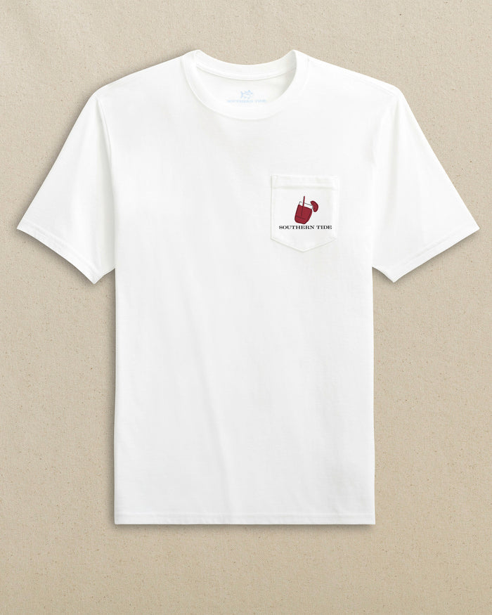 The front view of the Southern Tide Skipjack Fill Tailgate Short Sleeve T-Shirt by Southern Tide - Crimson and Black