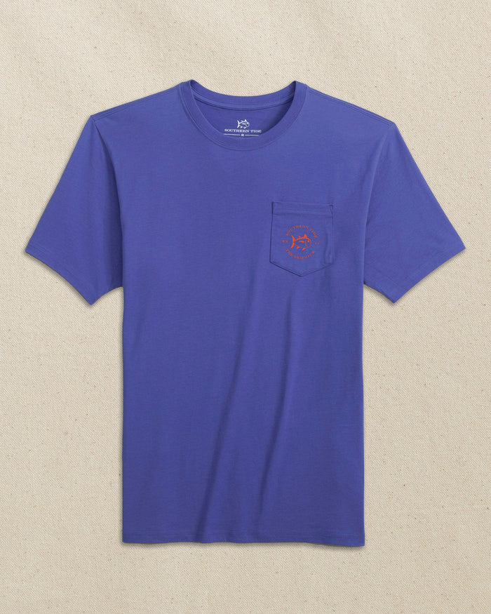 The front view of the Southern Tide Skipjack Play Short Sleeve T-Shirt by Southern Tide - University Blue and Endzone Orange