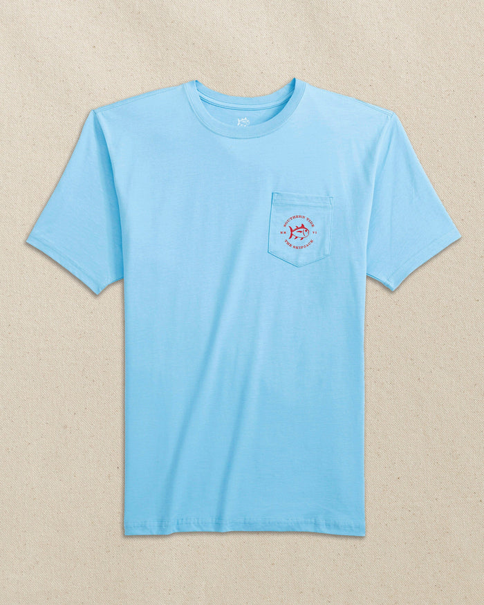 The front view of the Southern Tide Skipjack Play Short Sleeve T-Shirt by Southern Tide - Rush Blue and Varsity Red