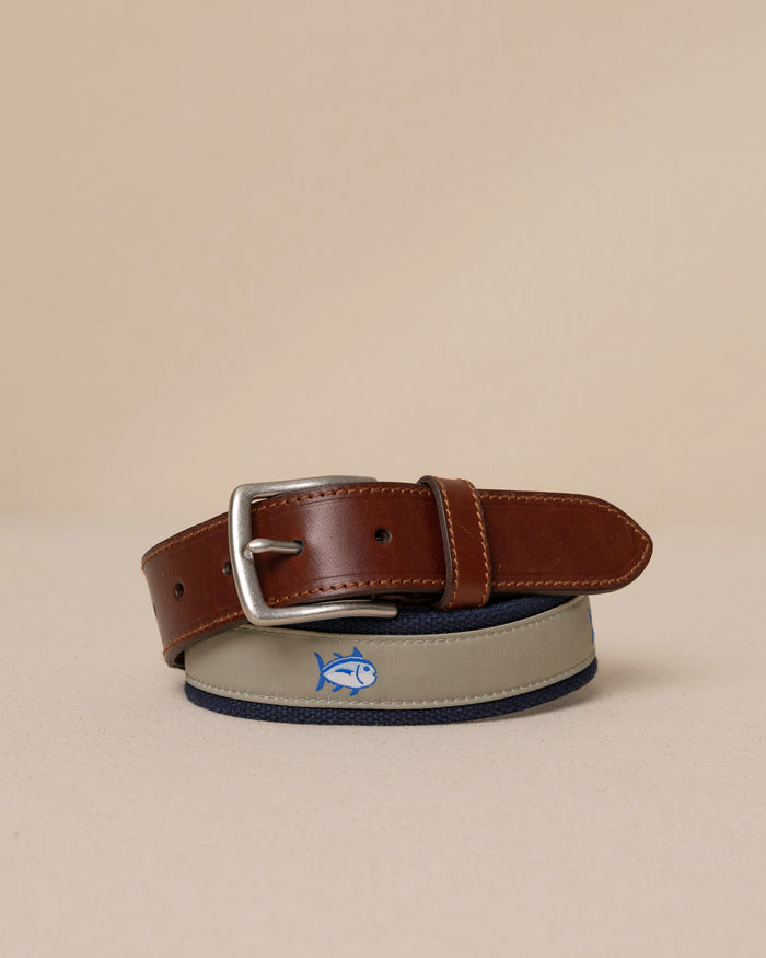 The detail of the Men's Khaki Skipjack Ribbon Belt by Southern Tide - Sandstone Khaki
