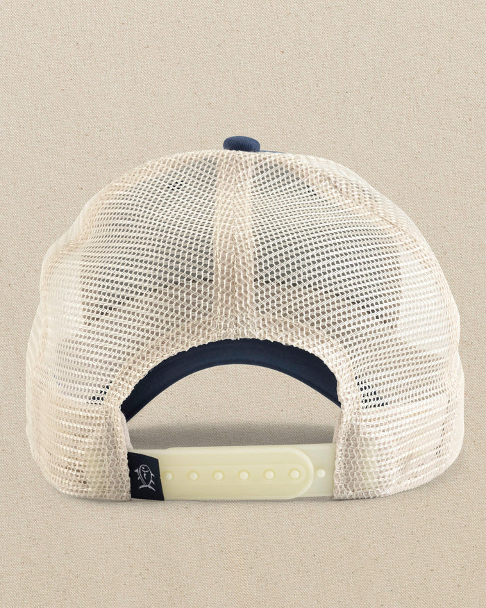 The back view of the Southern Tide Skipjack Trading Co. Trucker Hat by Southern Tide - Aged Denim