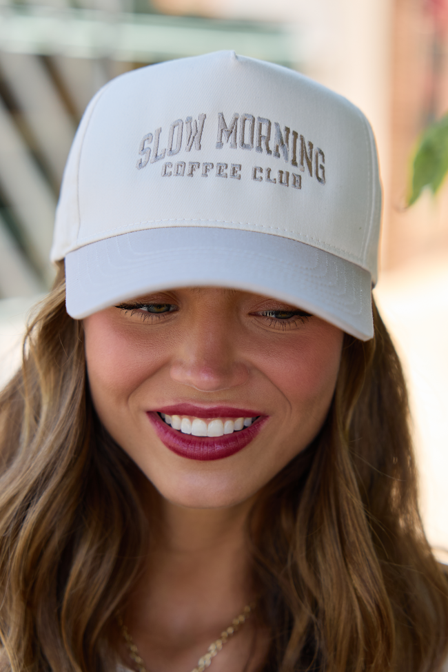 Slow Morning Coffee Club Natural/Khaki Embroidered Trucker Hat