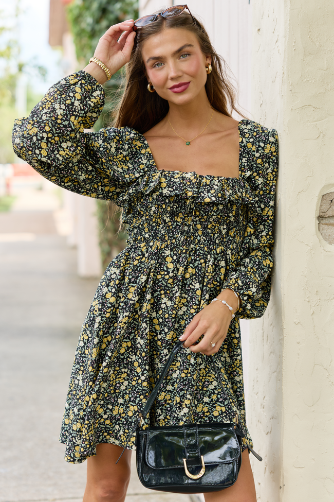 Sophia Black Floral Smocked Top Dress SALE