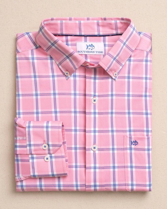 The front view of the Southern Tide South Beach Coastal Breeze® Sport Shirt by Southern Tide - Sea Pink
