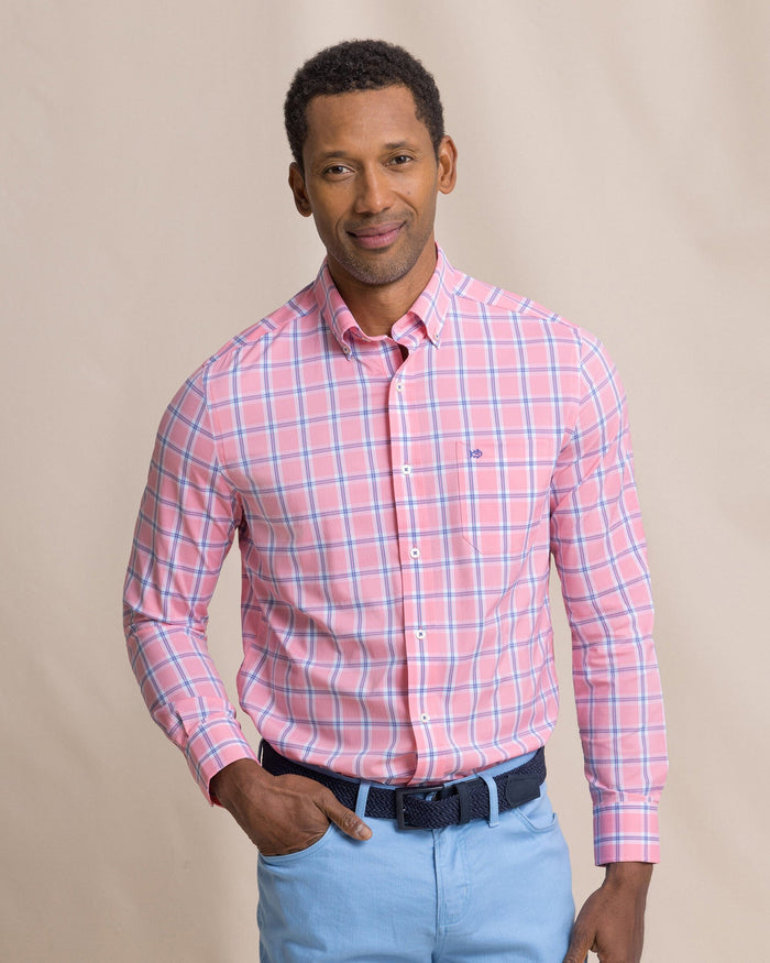 The front view of the Southern Tide South Beach Coastal Breeze® Sport Shirt by Southern Tide - Sea Pink