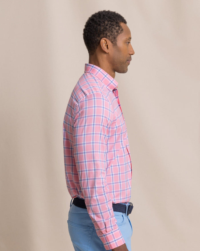 The side view of the Southern Tide South Beach Coastal Breeze® Sport Shirt by Southern Tide - Sea Pink