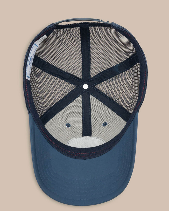 The below view of the Men's South Carolina Patch Performance Trucker Hat by Southern Tide - Seven Seas Blue