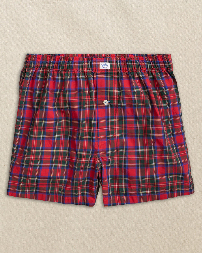 The front view of the Southern Tide South Carolina Tartan Boxer by Southern Tide - Crab Red