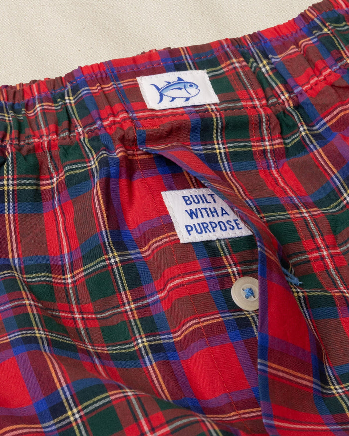 The detail view of the Southern Tide South Carolina Tartan Boxer by Southern Tide - Crab Red