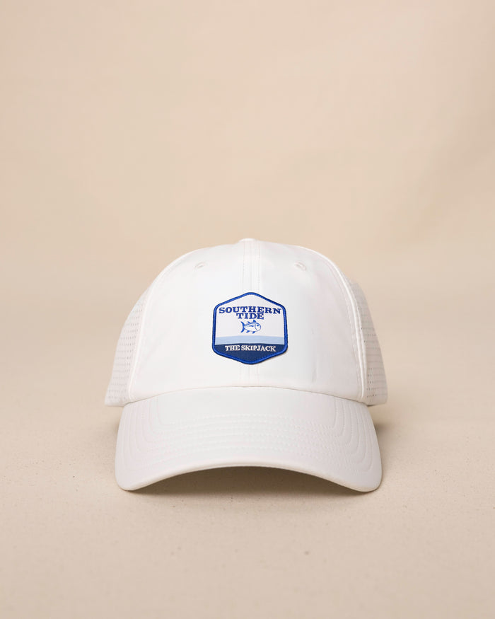 The front view of the Southern Tide Southern Tide Badge Performance Trucker Hat by Southern Tide - White