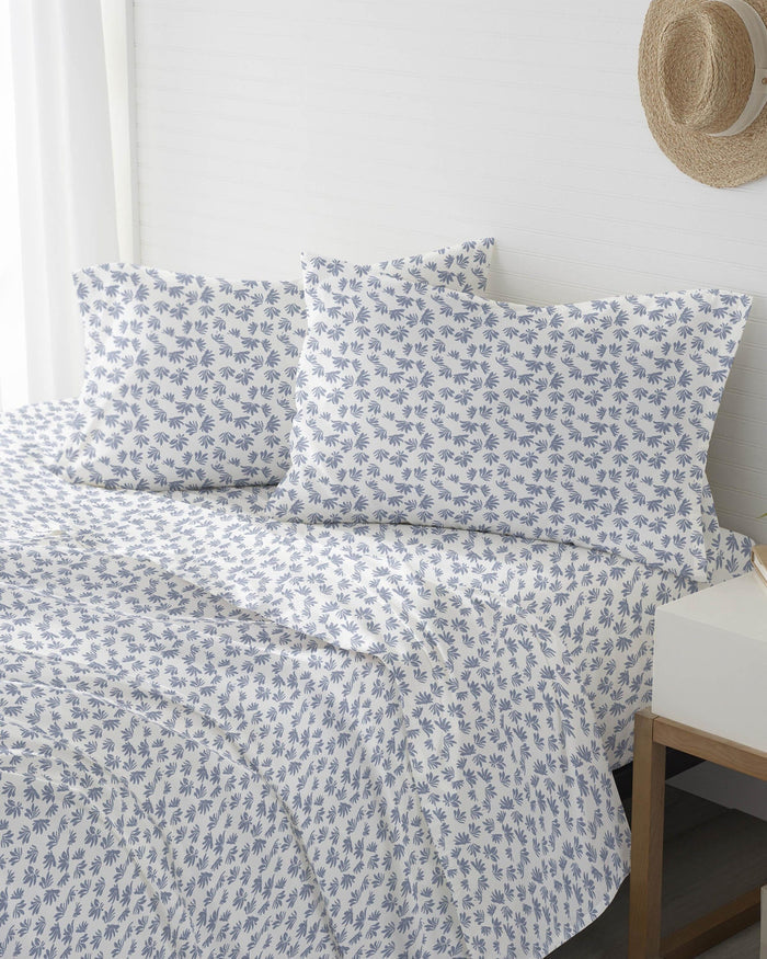 The front view of the Southern Tide Coastal Jasmine Sheet Set by Southern Tide - Blue