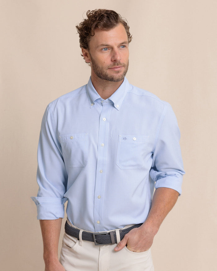 The front view of the Southern Tide Dock Shirt by Southern Tide - Cerulean