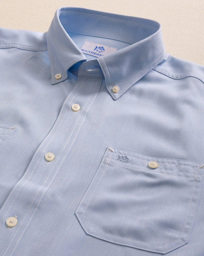 The detail view of the Southern Tide Dock Shirt by Southern Tide - Cerulean