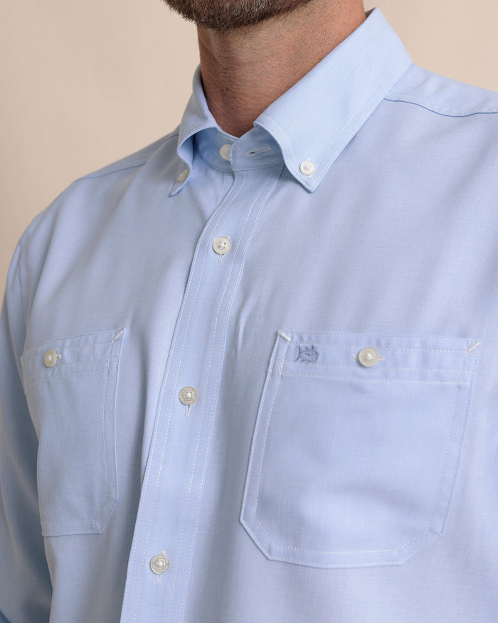 The detail view of the Southern Tide Dock Shirt by Southern Tide - Cerulean