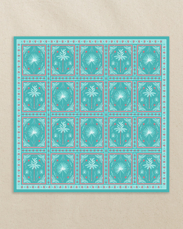 The front design view of the Southern Tide Swells Illustrated Palms Scarf by Southern Tide - Teal