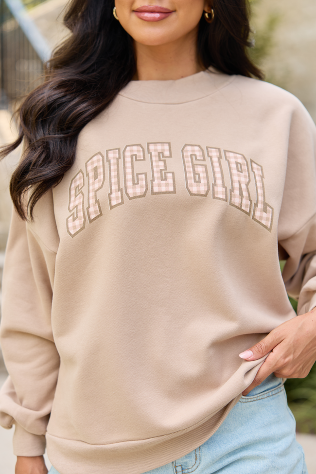 Spice Girl Gingham Taupe Graphic Mock Neck Sweatshirt