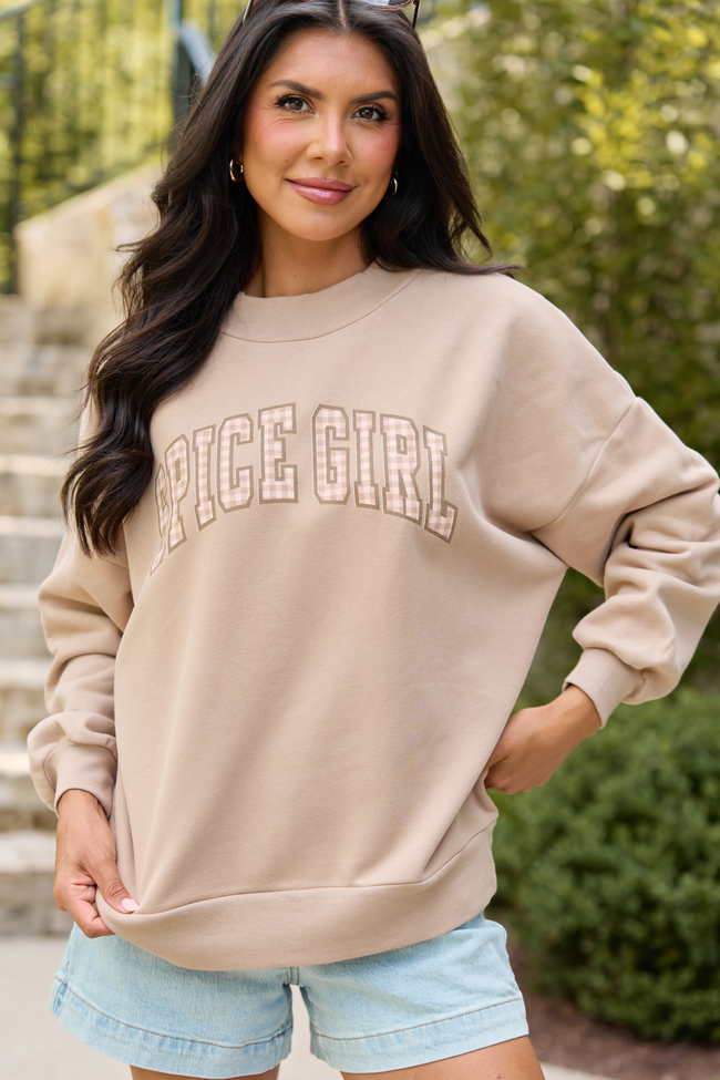 Spice Girl Gingham Taupe Graphic Mock Neck Sweatshirt