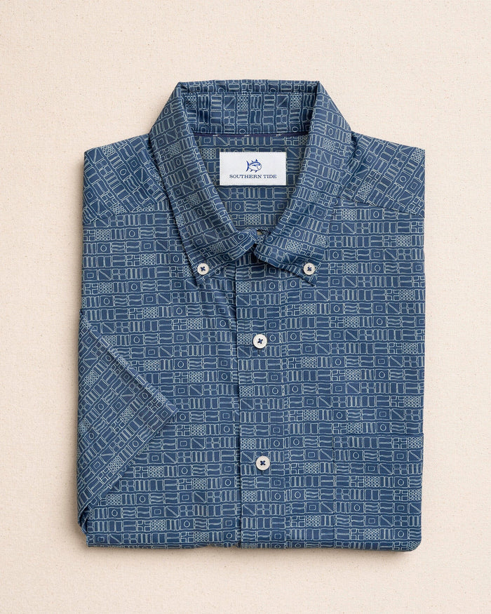 The front view of the Southern Tide ST Nautical Flags Coastal Breeze® Short Sleeve Sport Shirt by Southern Tide - Nautical Blue