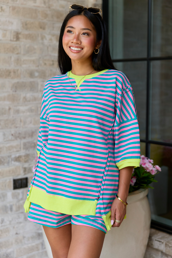 Stay Right Here Seafoam And Pink Striped Tee