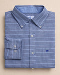 The front view of the Southern Tide Stringline Charleston Oxford Stripe Sport Shirt by Southern Tide - Nautical Blue