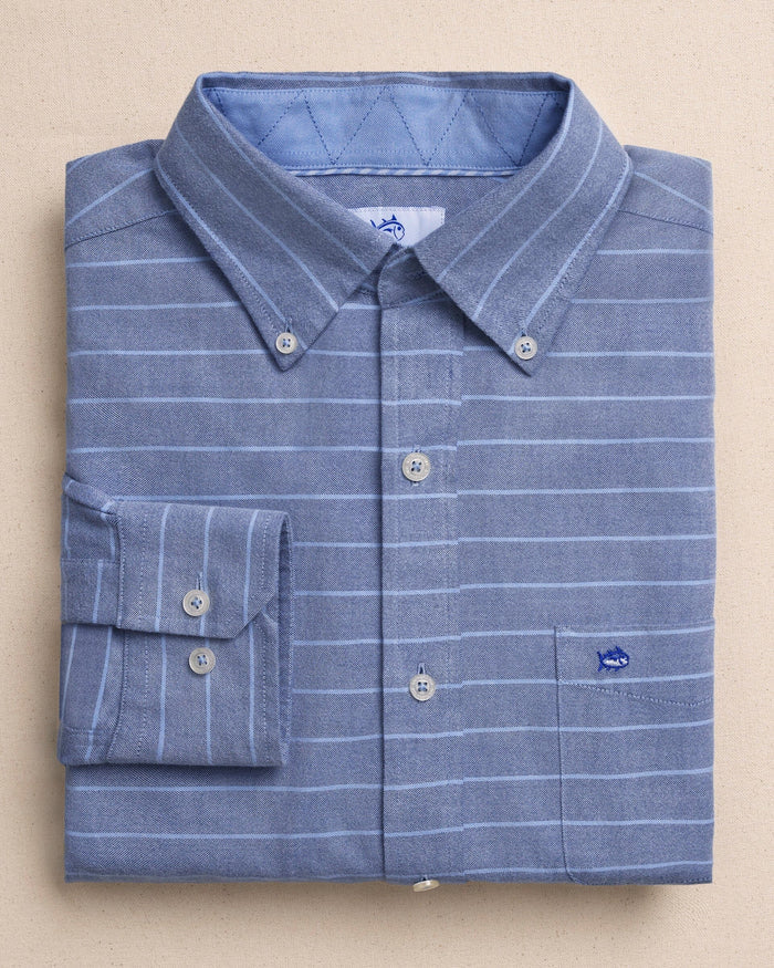 The front view of the Southern Tide Stringline Charleston Oxford Stripe Sport Shirt by Southern Tide - Nautical Blue