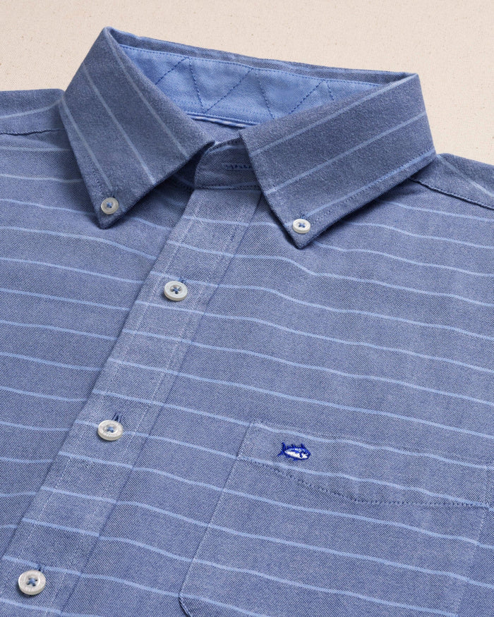 The detail view of the Southern Tide Stringline Charleston Oxford Stripe Sport Shirt by Southern Tide - Nautical Blue