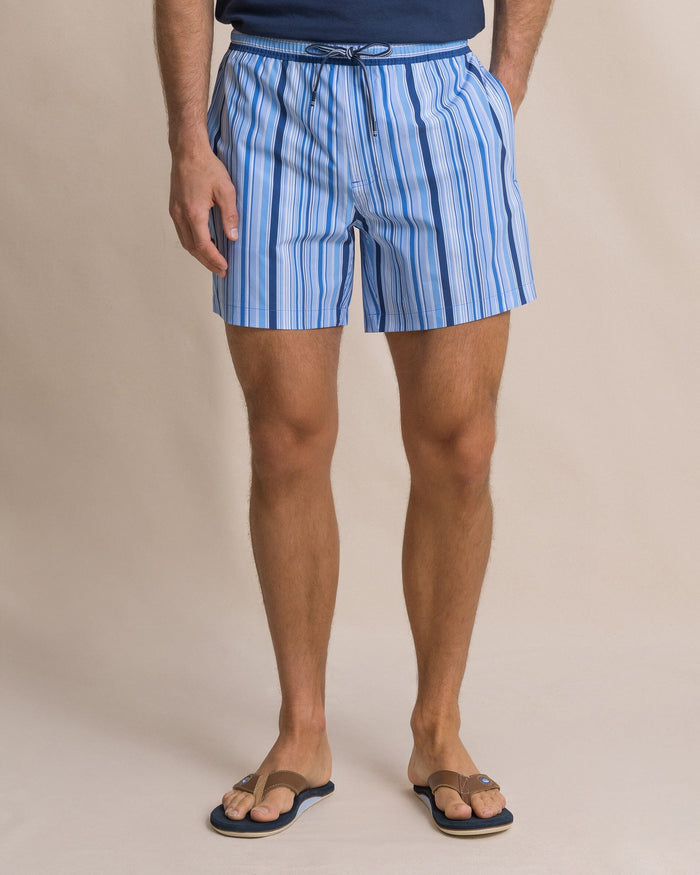 The front view of the Southern Tide Stripe Maritime Swim Trunk by Southern Tide - Blue Stream