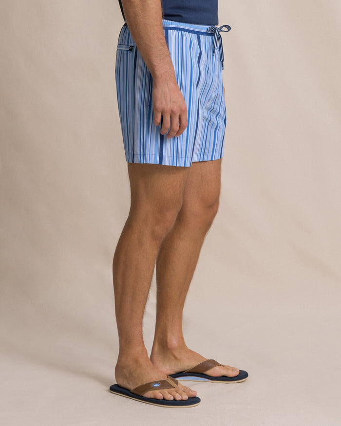 The side view of the Southern Tide Stripe Maritime Swim Trunk by Southern Tide - Blue Stream
