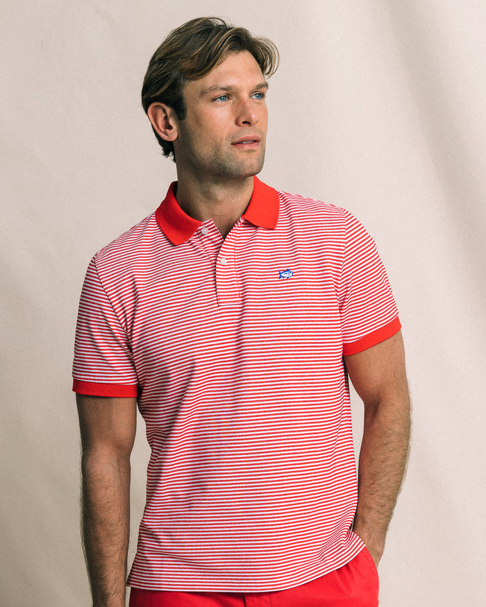 The front view of the Southern Tide Striped Skipjack Polo by Southern Tide - Channel Marker Red