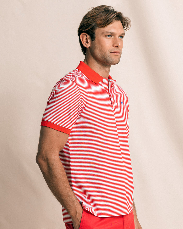 The side view of the Southern Tide Striped Skipjack Polo by Southern Tide - Channel Marker Red