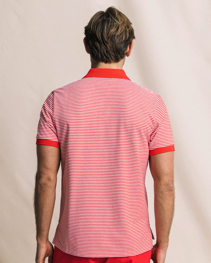 The back view of the Southern Tide Striped Skipjack Polo by Southern Tide - Channel Marker Red
