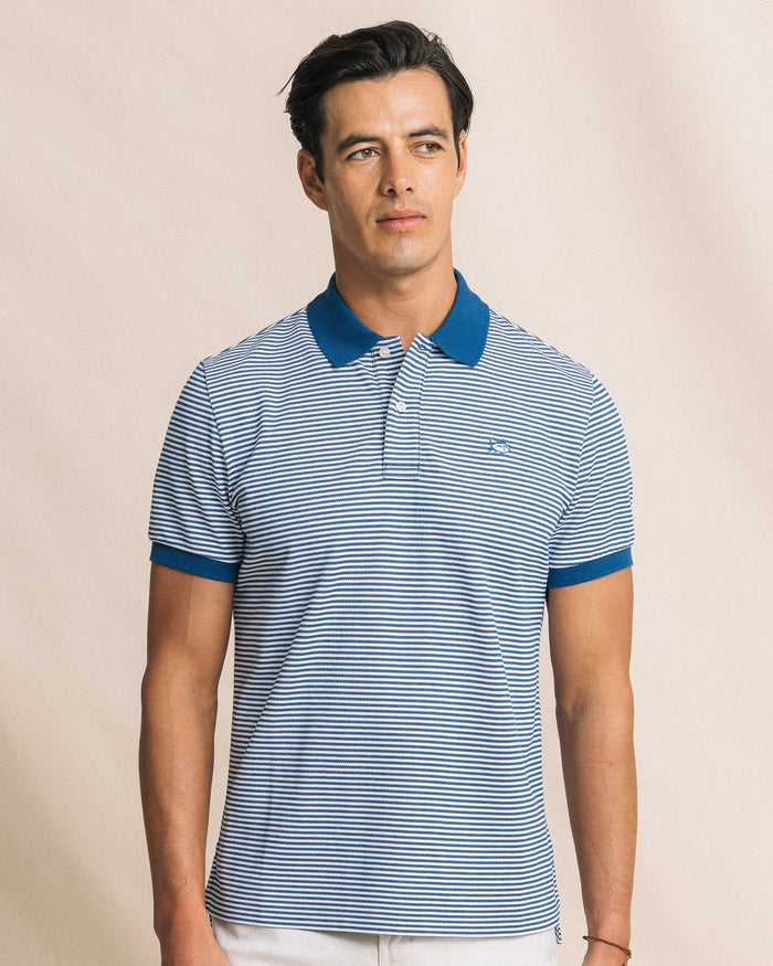 The front view of the Southern Tide Striped Skipjack Polo by Southern Tide - Nautical Blue