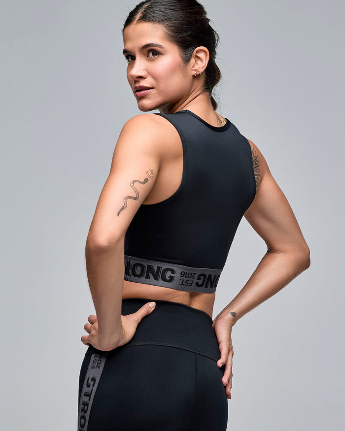 Bold Black # STRONG iD Crop Tank With Elastic Waistband