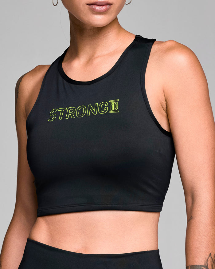 Black # STRONG iD High Neck Lined Crop Tank