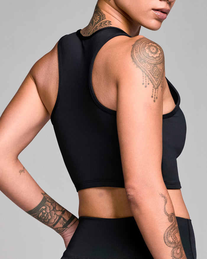 Black # STRONG iD High Neck Lined Crop Tank