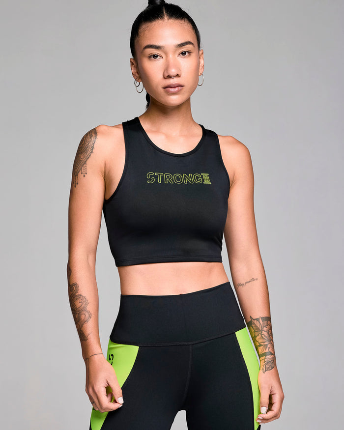 Black # STRONG iD High Neck Lined Crop Tank
