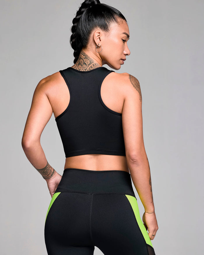Black # STRONG iD High Neck Lined Crop Tank
