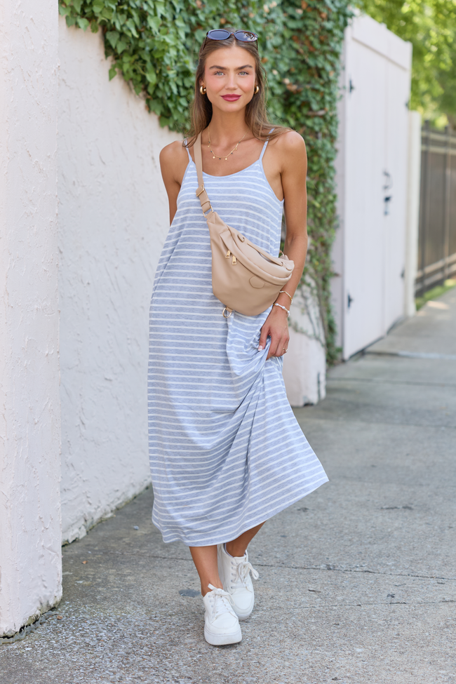 Summertime's Close Striped Midi Knit Dress Grey