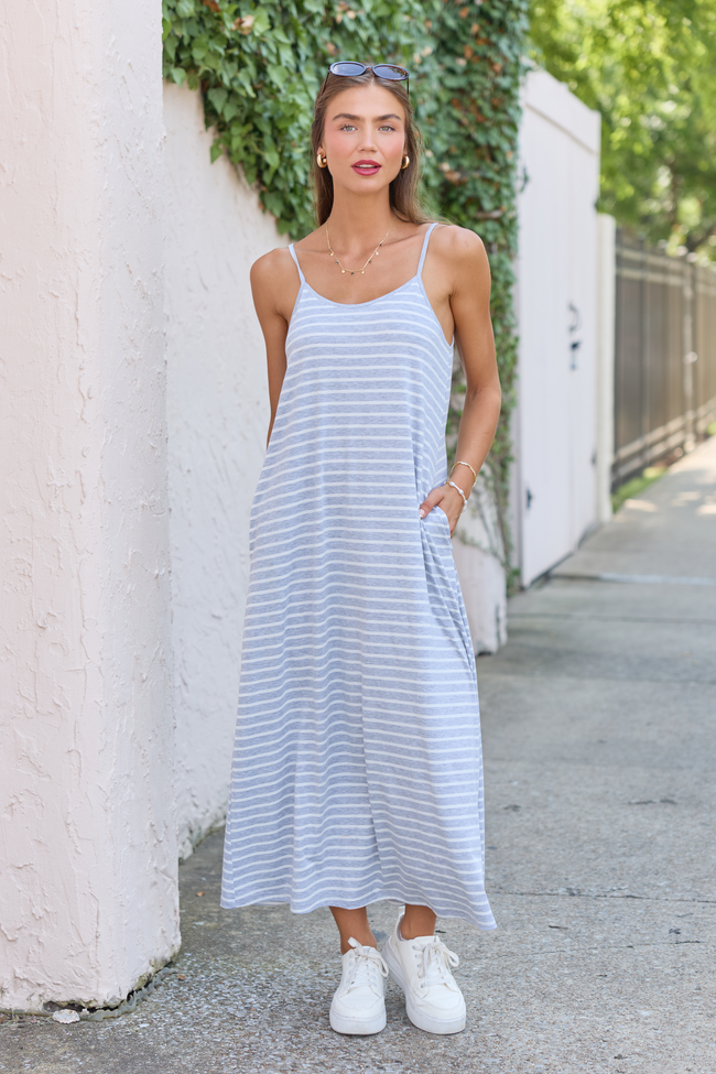 Summertime's Close Striped Midi Knit Dress Grey