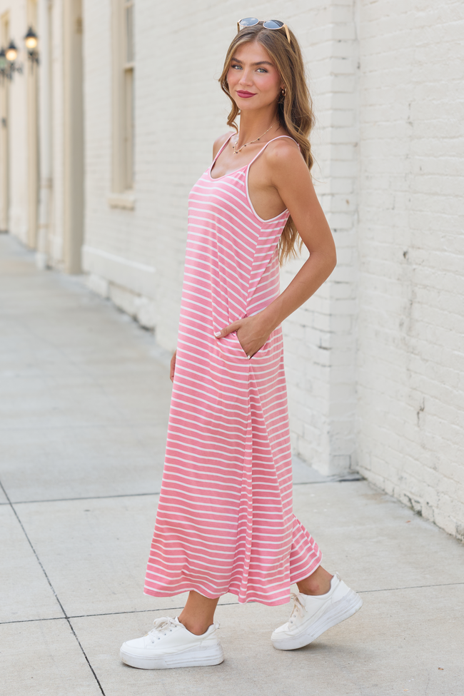 Summertime's Close Striped Midi Knit Dress Rose