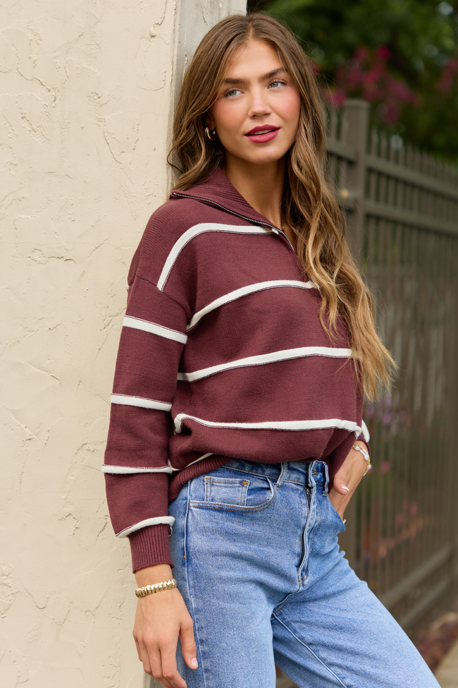 Sunday Stripe Club Chocolate And Ivory Quarter Zip