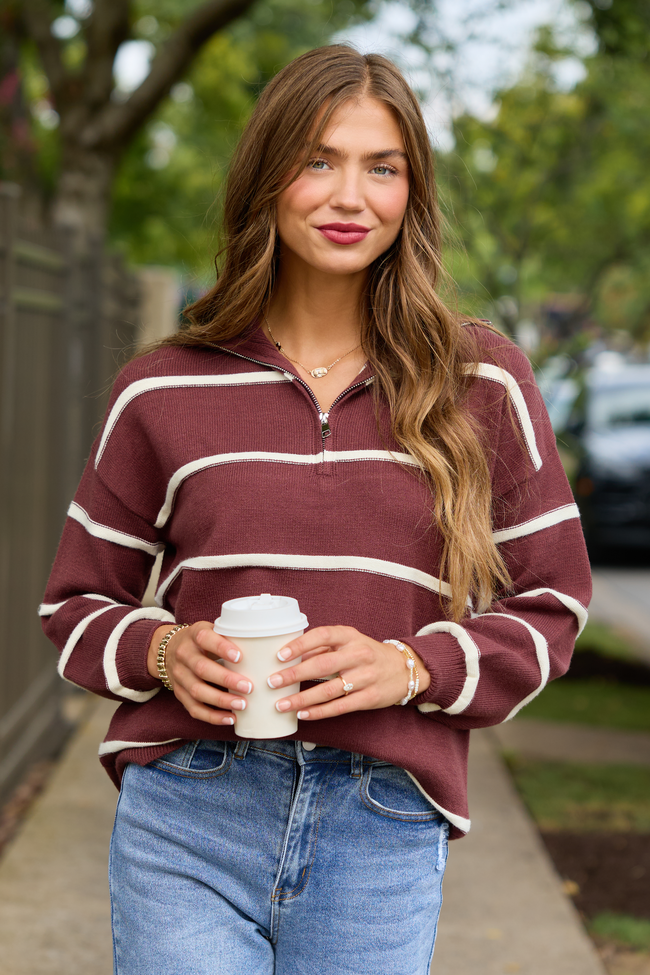 Sunday Stripe Club Chocolate And Ivory Quarter Zip